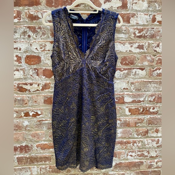 Bebe Lace Stretch Dress Blue and Gold Size M EUC - Picture 1 of 12